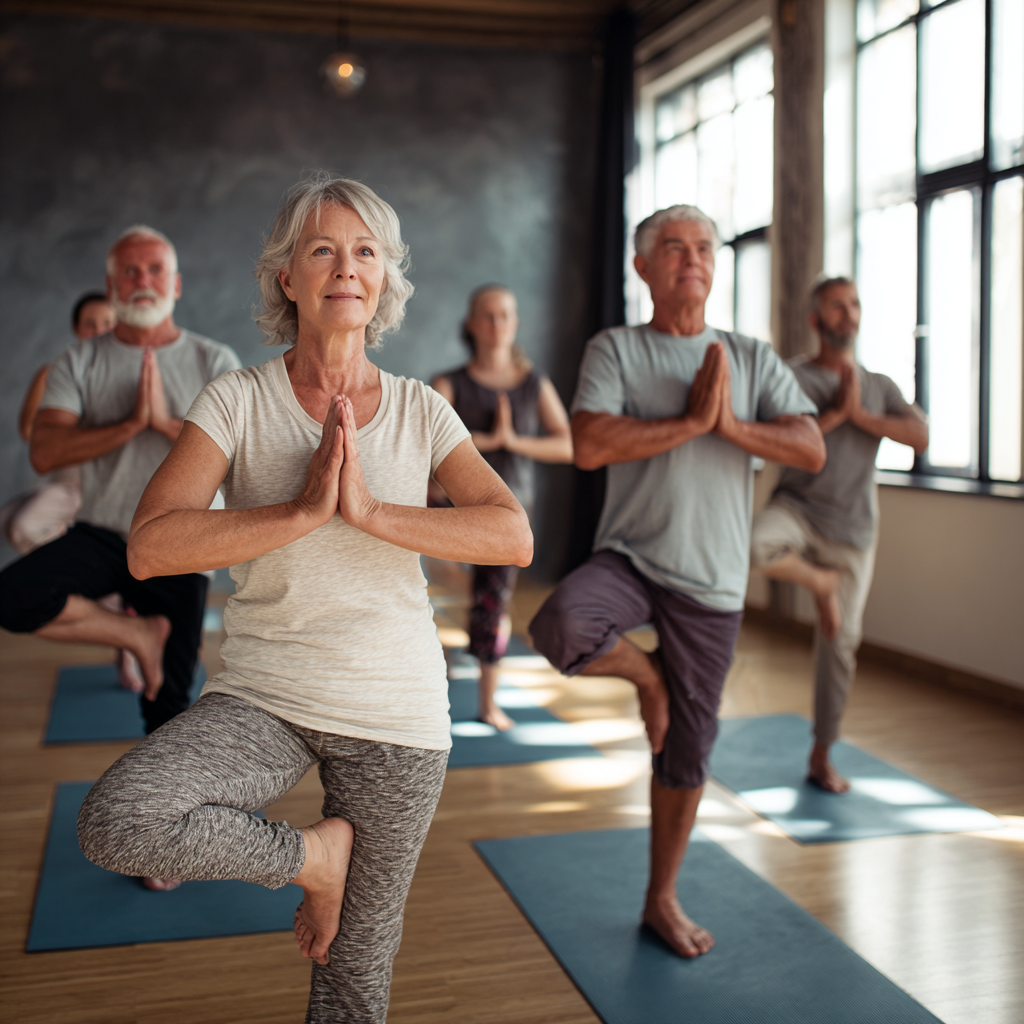 Group of mature adults practicing yoga together in peaceful studio environment