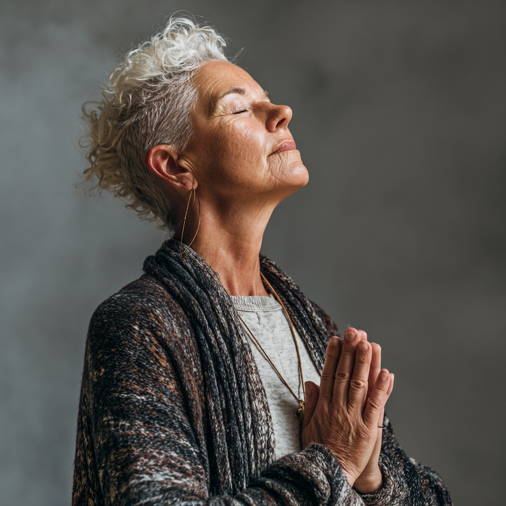 Mature person in meditation pose practicing mindful breathing