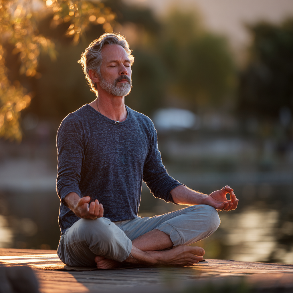 Middle-aged adult practicing gentle yoga poses in natural setting